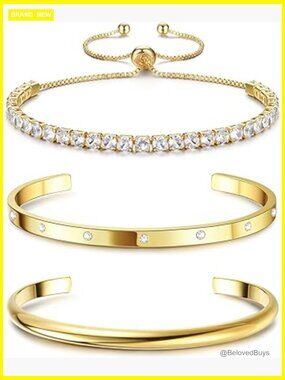 14K Gold Plated Bangle Cuff Bracelet Set Stack 3PCS Women